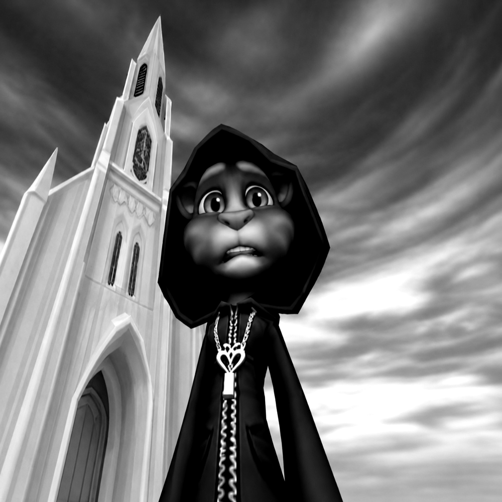 the prophet in his hood beside the cathedral spire